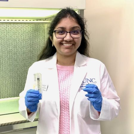 Student pharmacist Geetha Lingechetty in the laboratory cleanroom at the University of North Carolina Eshelman School of Pharmacy in Chapel Hill.
