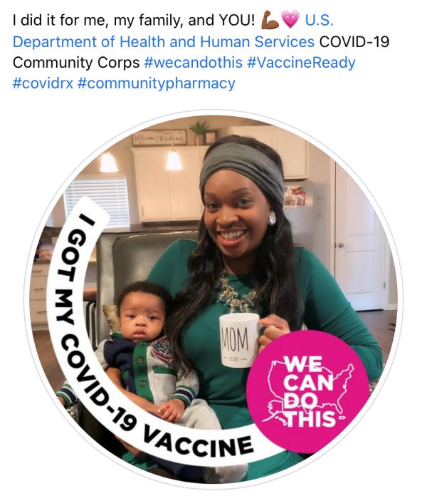 Omolola A. Adeoye-Olatunde, PharmD, poses with her son to promote her COVID-19 vaccination through social media.